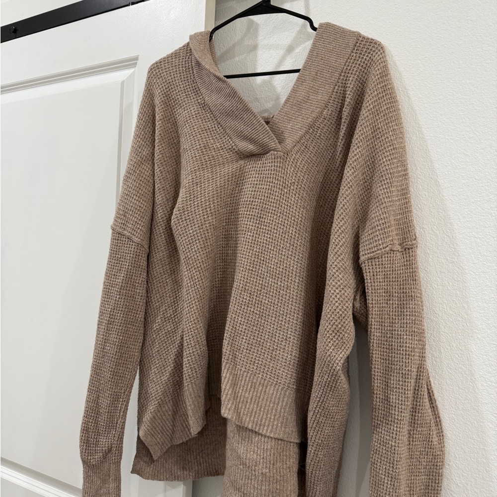 aerie Women's V-Neck Waffle-Knit Hoodie Sweater — Taupe